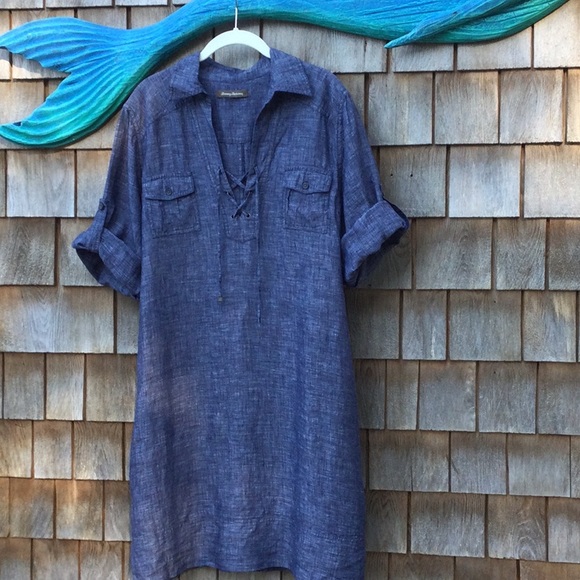 Tommy Bahama Dresses & Skirts - Tommy Bahama Shirt Dress Blue 100% Linen Lace Up